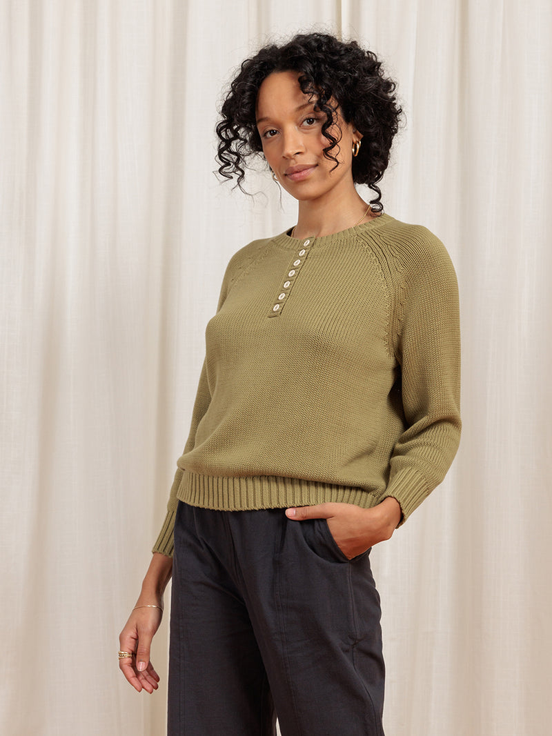 River Henley Cotton Sweater Olive