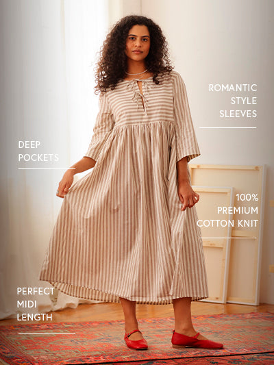 Birdie Bell Sleeve Dress Mocha Stripe