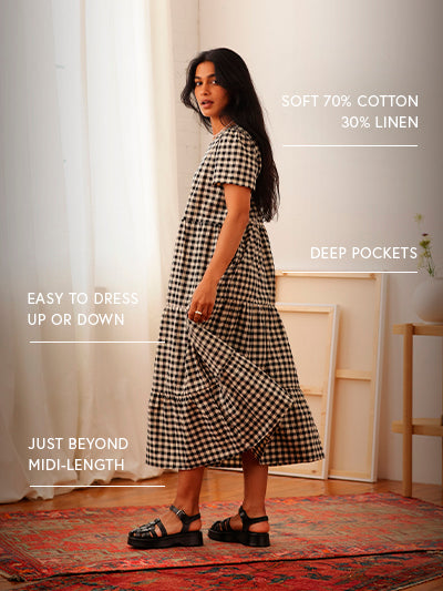 Chalet Tiered Dress Linen Black Gingham