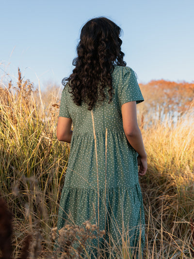 Chalet Tiered Dress Easy Care Cotton Juniper Painted Polka Dot