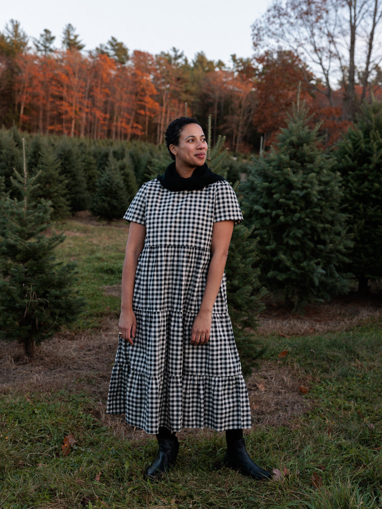 Chalet Tiered Dress Linen Black Gingham