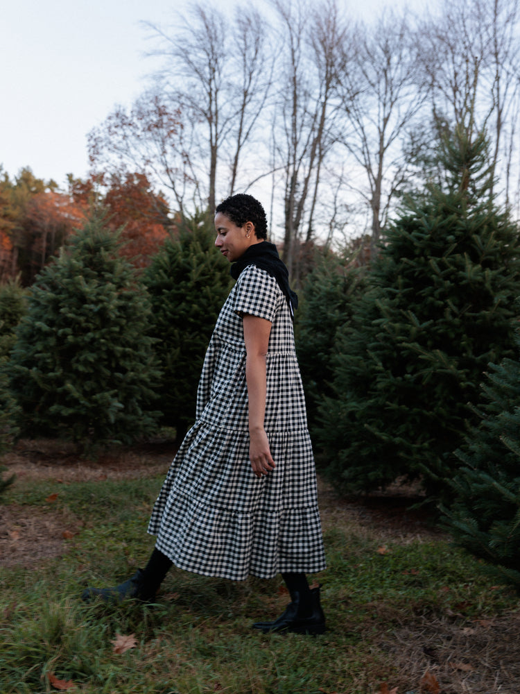 Chalet Tiered Dress Linen Black Gingham