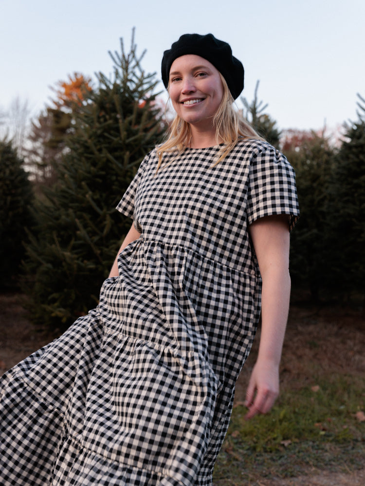 Chalet Tiered Dress Linen Black Gingham