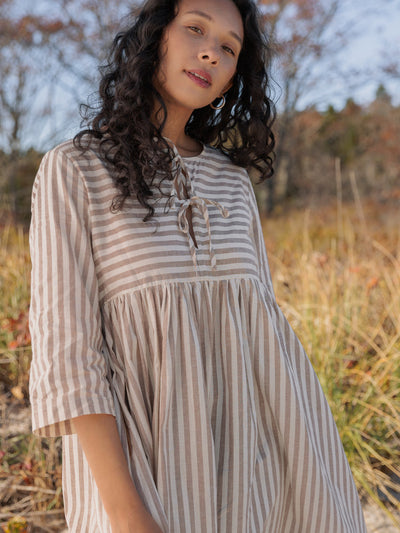 Birdie Bell Sleeve Dress Linen Mocha Stripe