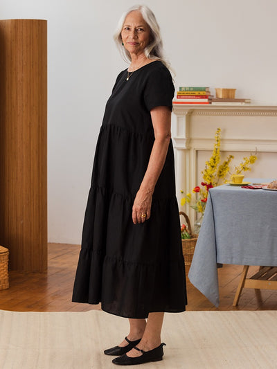 Chalet Tiered Linen Dress Black