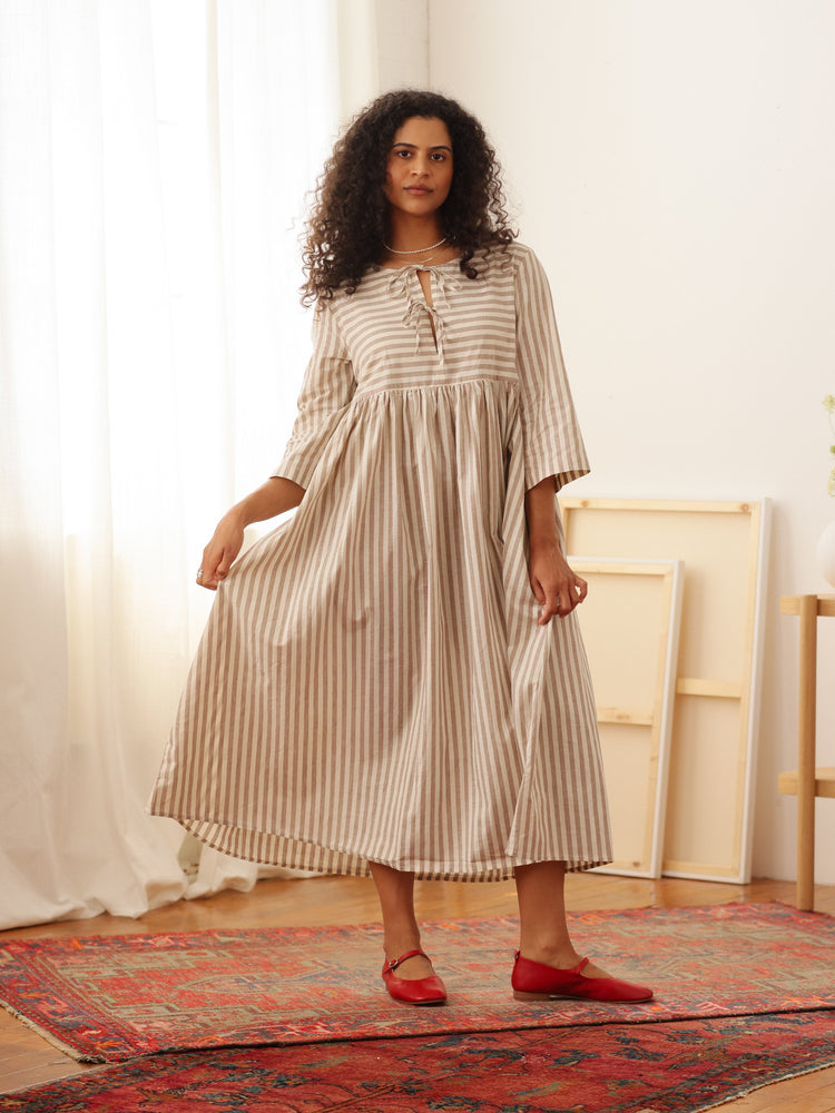 Birdie Bell Sleeve Dress Mocha Stripe