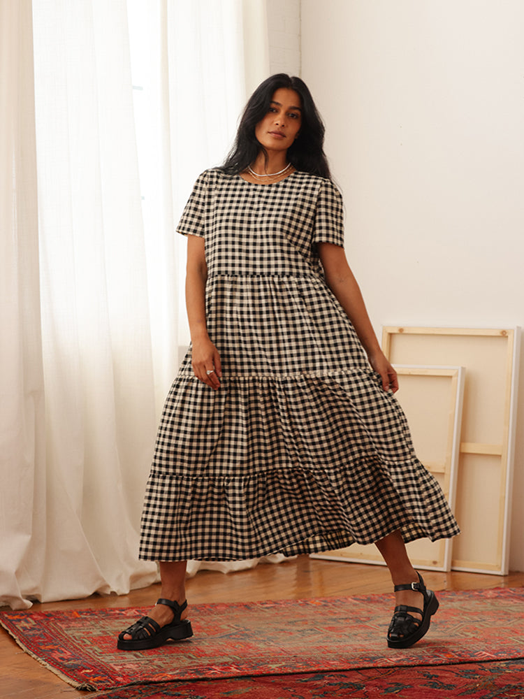 Chalet Tiered Dress Linen Black Gingham