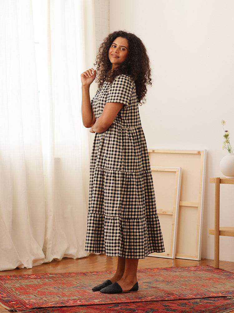 Chalet Tiered Dress Linen Black Gingham