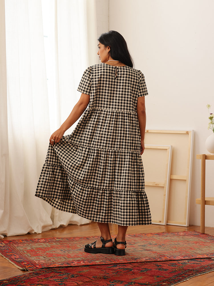 Chalet Tiered Dress Linen Black Gingham