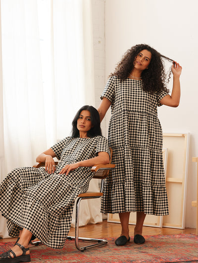 Chalet Tiered Dress Linen Black Gingham