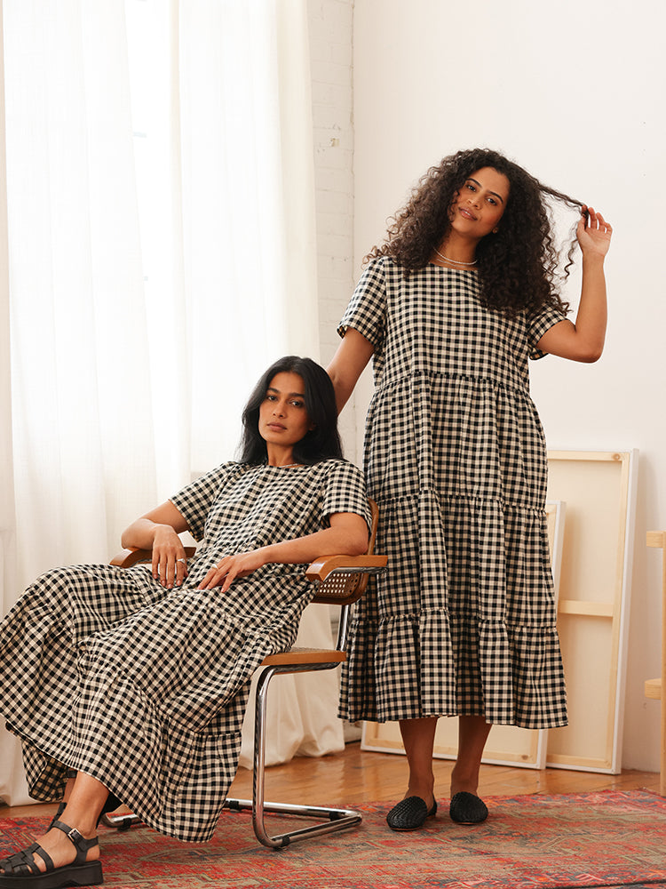 Chalet Tiered Dress Linen Black Gingham