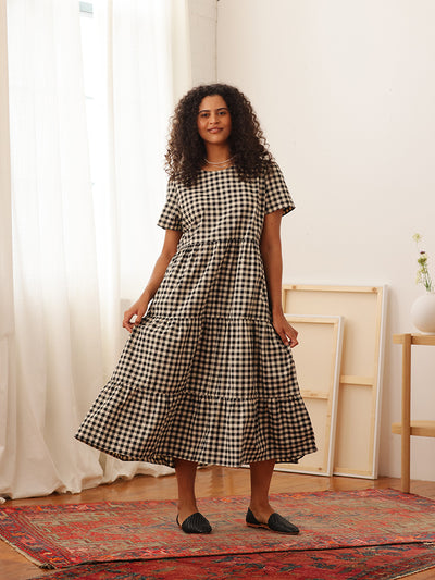 Chalet Tiered Dress Linen Black Gingham