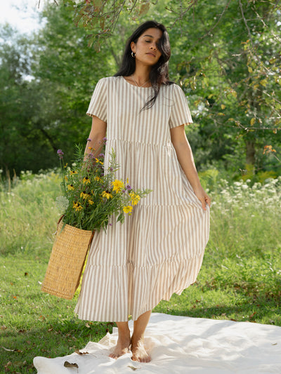 Chalet Tiered Dress Linen Mocha Stripe