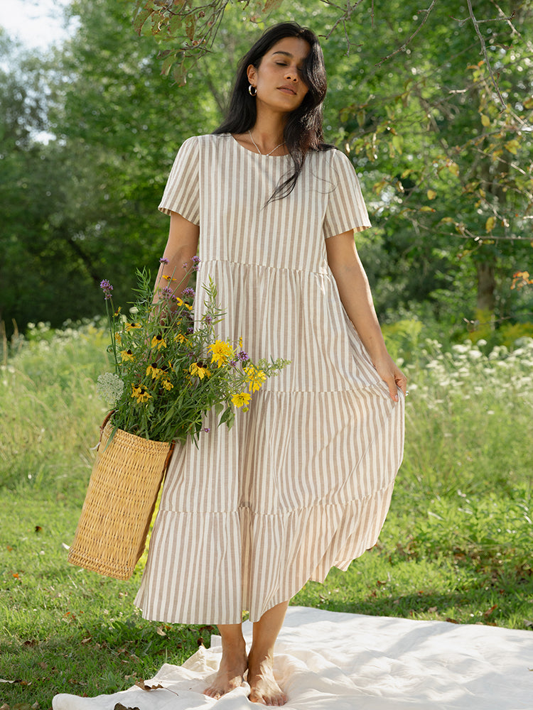 Chalet Tiered Dress Linen Mocha Stripe