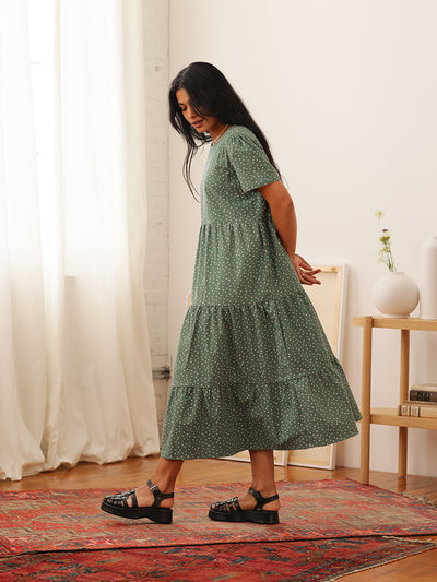 Chalet Tiered Dress Linen Juniper Painted Polka Dot