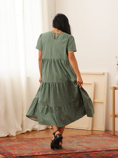 Chalet Tiered Dress Linen Juniper Painted Polka Dot