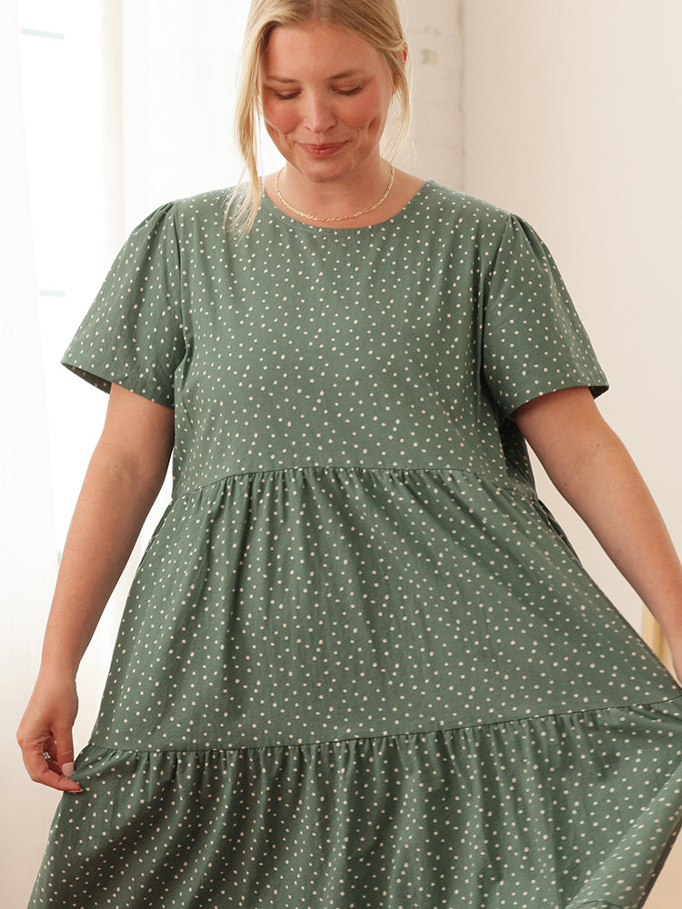 Chalet Tiered Dress Linen Juniper Painted Polka Dot