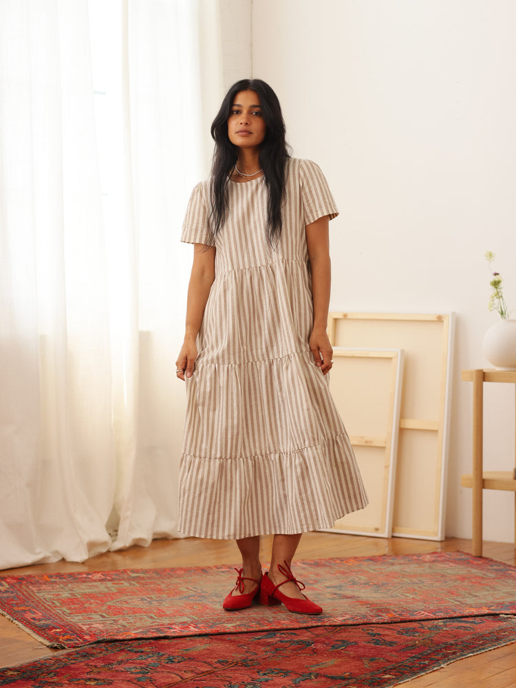 Chalet Tiered Dress Linen Mocha Stripe