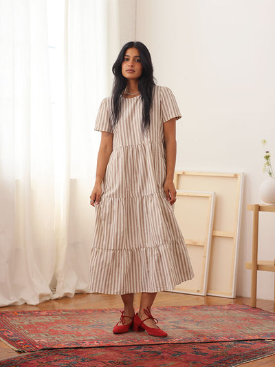 Chalet Tiered Dress Linen Mocha Stripe