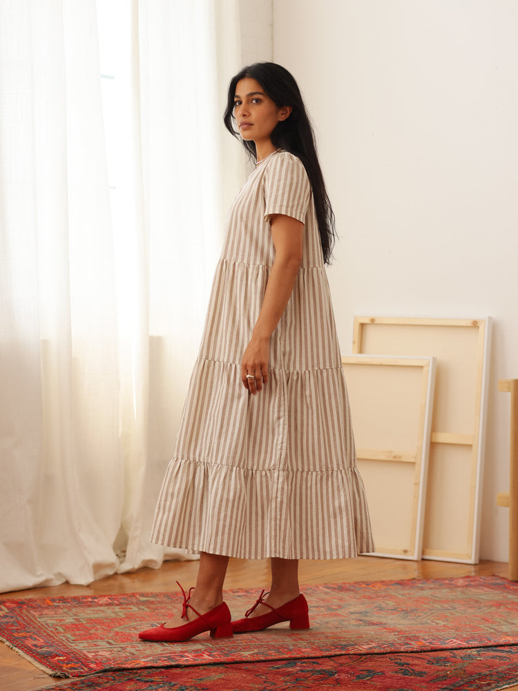 Chalet Tiered Dress Linen Mocha Stripe