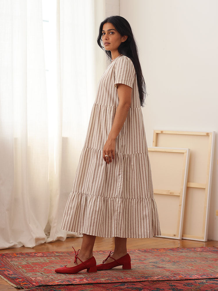 Chalet Tiered Dress Linen Mocha Stripe