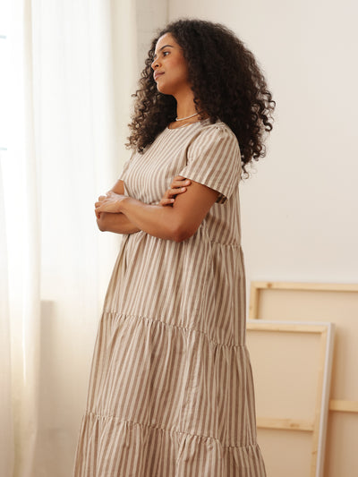 Chalet Tiered Dress Linen Mocha Stripe