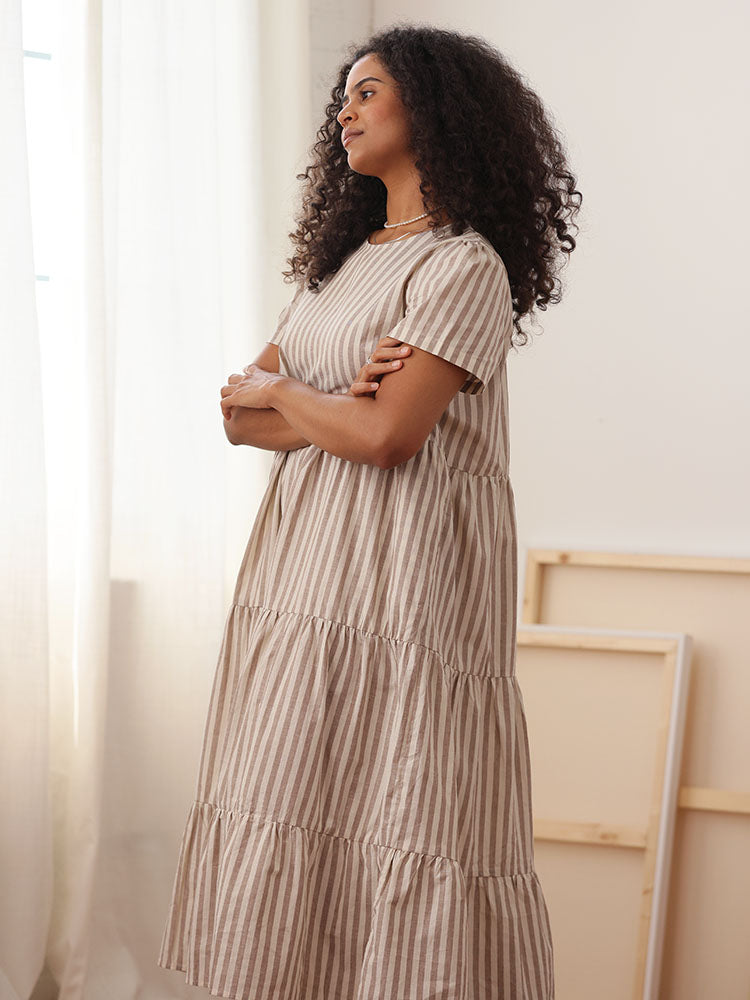 Chalet Tiered Dress Linen Mocha Stripe