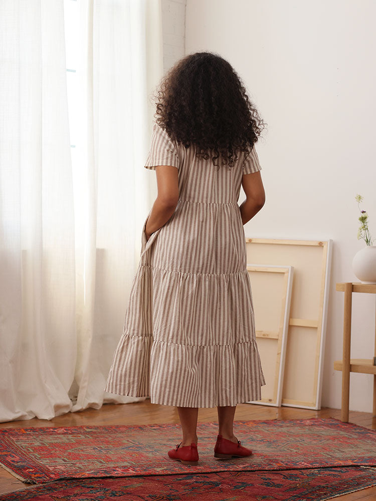 Chalet Tiered Dress Linen Mocha Stripe