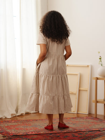 Chalet Tiered Dress Linen Mocha Stripe