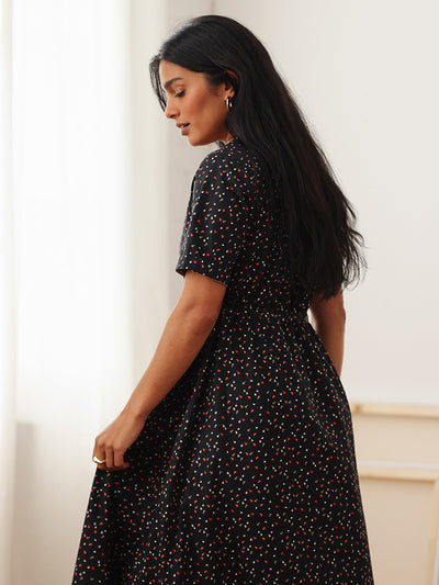 Nell Midi Dress Black Floral Print