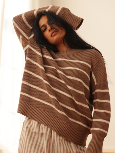 Shelter Cotton Crew Neck Sweater Mocha Stripe