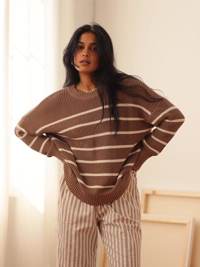 Shelter Cotton Crew Neck Sweater Mocha Stripe