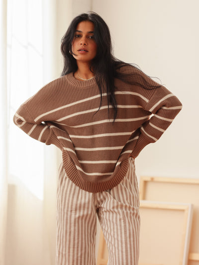 Shelter Cotton Crew Neck Sweater Mocha Stripe