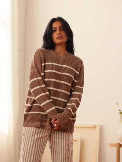 Shelter Cotton Crew Neck Sweater Mocha Stripe