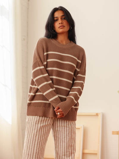 Shelter Cotton Crew Neck Sweater Mocha Stripe