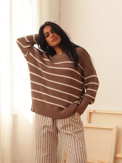 Shelter Cotton Crew Neck Sweater Mocha Stripe