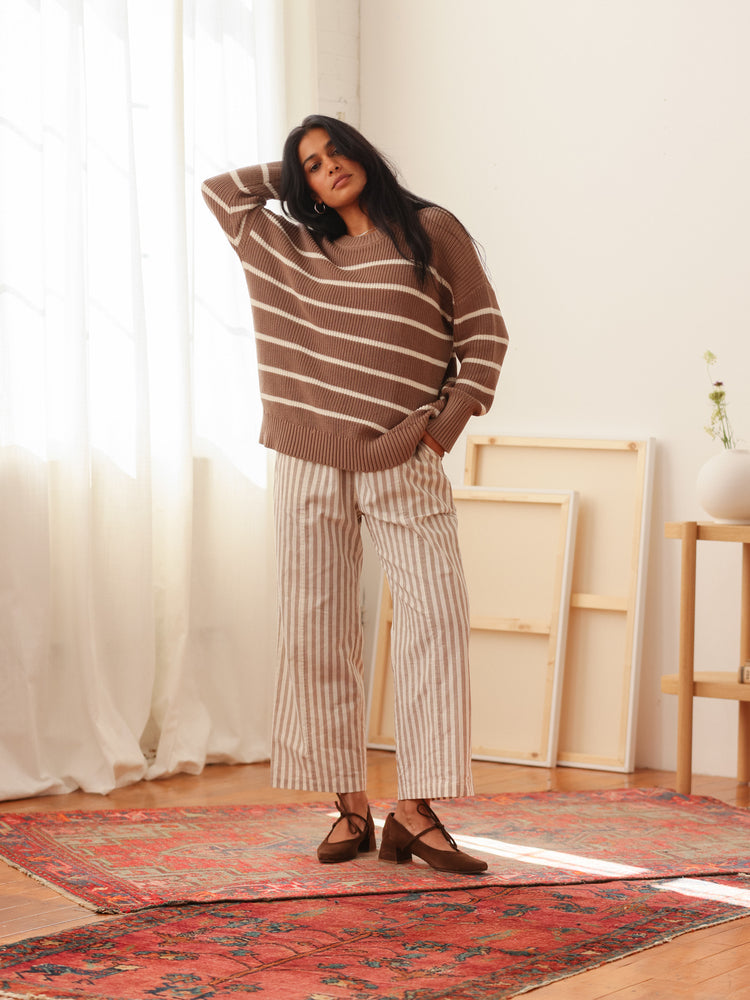 Shelter Cotton Crew Neck Sweater Mocha Stripe