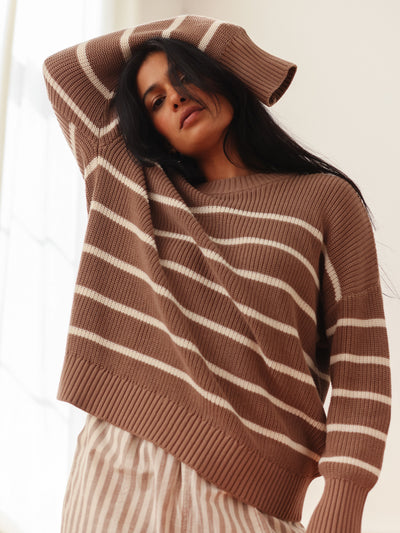 Shelter Cotton Crew Neck Sweater Mocha Stripe