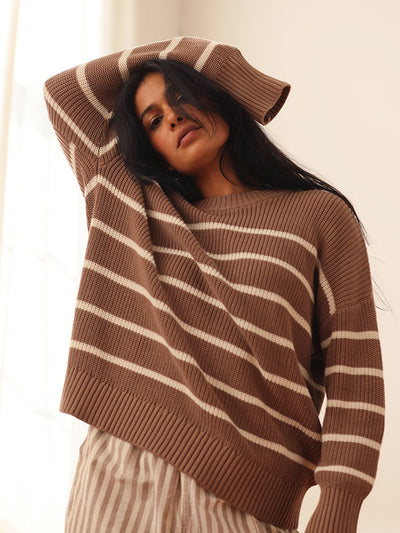 Shelter Cotton Crew Neck Sweater Mocha Stripe