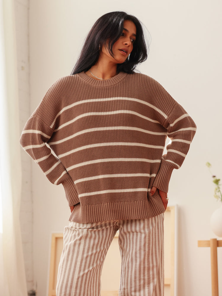 Shelter Cotton Crew Neck Sweater Mocha Stripe