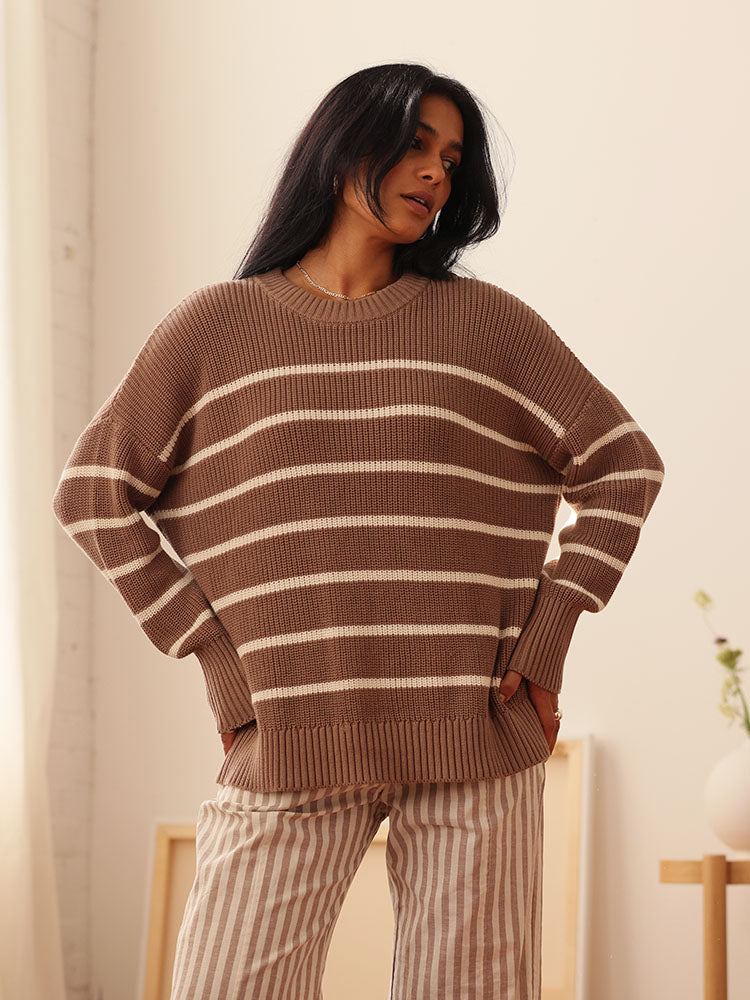 Shelter Cotton Crew Neck Sweater Mocha Stripe