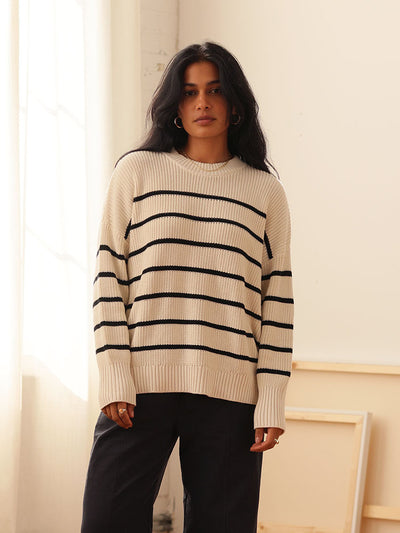 Shelter Cotton Crew Neck Sweater Oat Milk Stripe