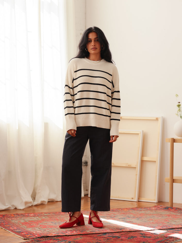 Shelter Cotton Crew Neck Sweater Oat Milk Stripe