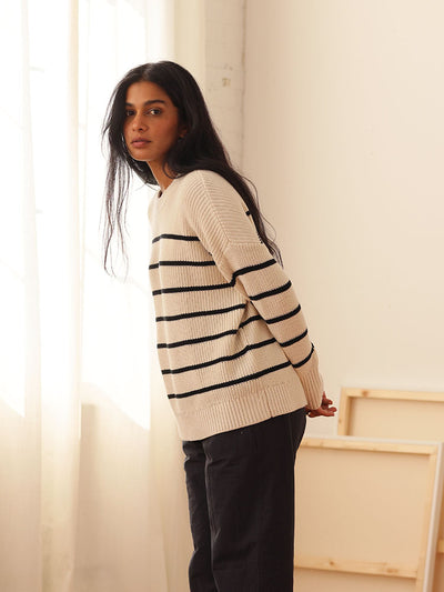 Shelter Cotton Crew Neck Sweater Oat Milk Stripe