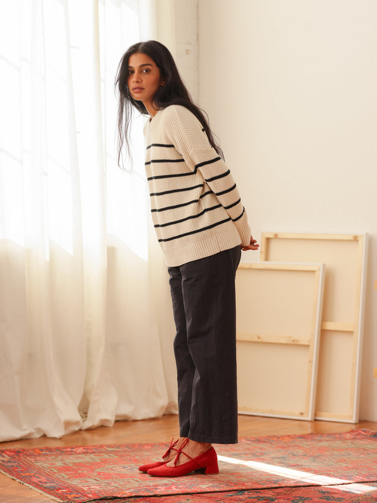 Shelter Cotton Crew Neck Sweater Oat Milk Stripe