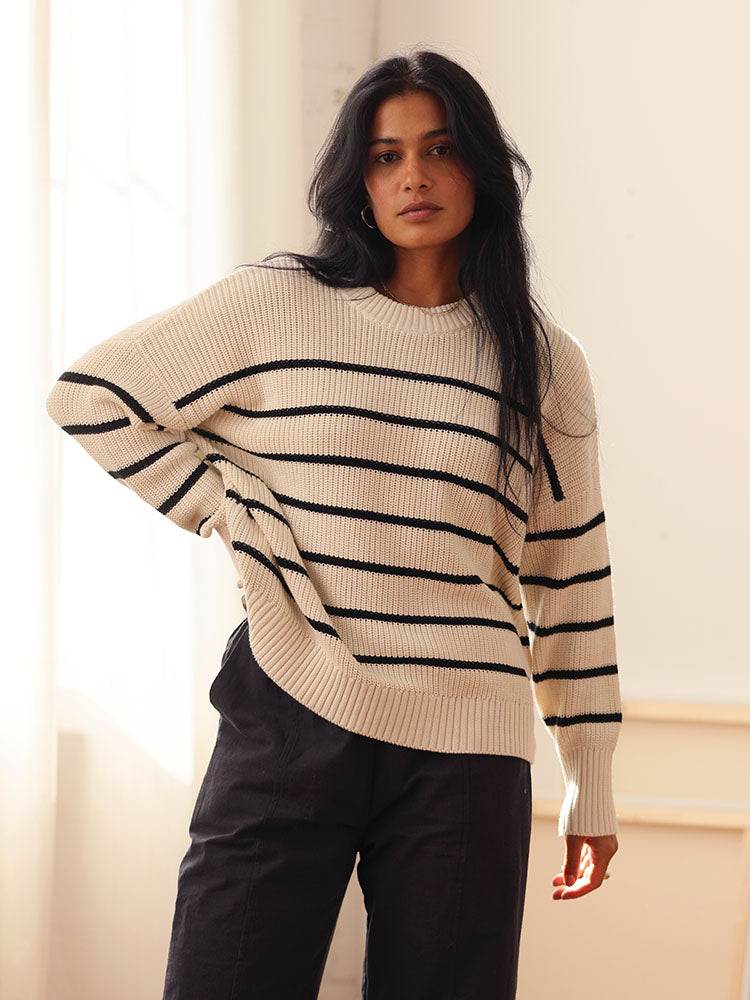 Shelter Cotton Crew Neck Sweater Oat Milk Stripe