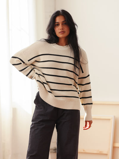 Shelter Cotton Crew Neck Sweater Oat Milk Stripe