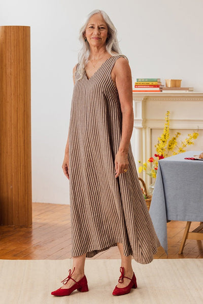 Solstice Linen Sleeveless Maxi Dress Chocolate Stripe
