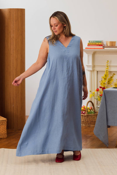 Solstice Linen Sleeveless Maxi Dress Sky Blue