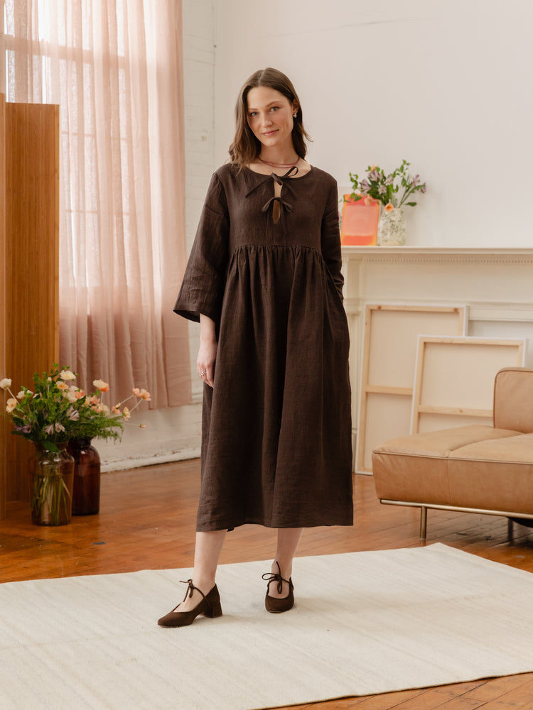Birdie Bell Sleeve Linen Dress Chocolate